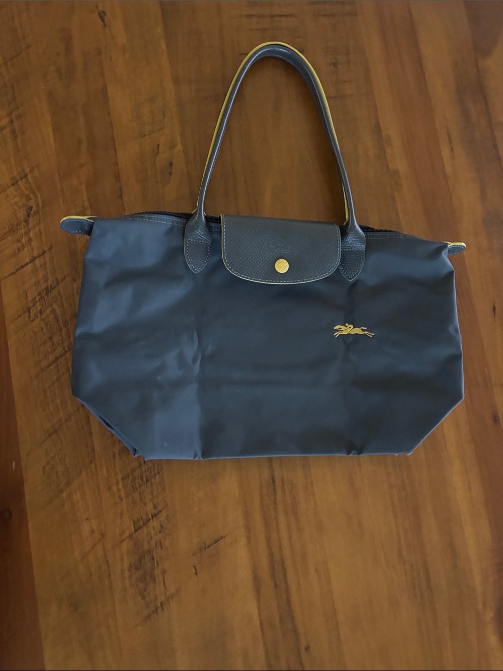 Longchamp Gray and Yellow Small Tote with Leather Trim